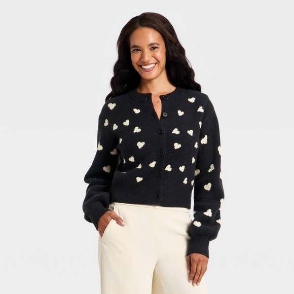 a new day Sweaters - A New Day Women's Black Heart Pattern Cardigan